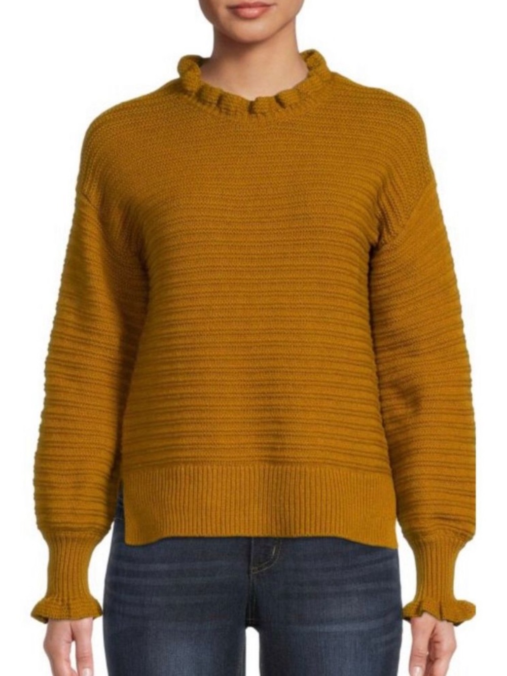 MADEWELL Ruffle Merino Wool Blend Sweater Mustard Yellow Size M